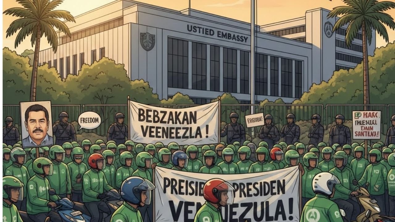 Pengemudi Ojol Demo di Kedubes AS, Desak Pembebasan Presiden Venezuela