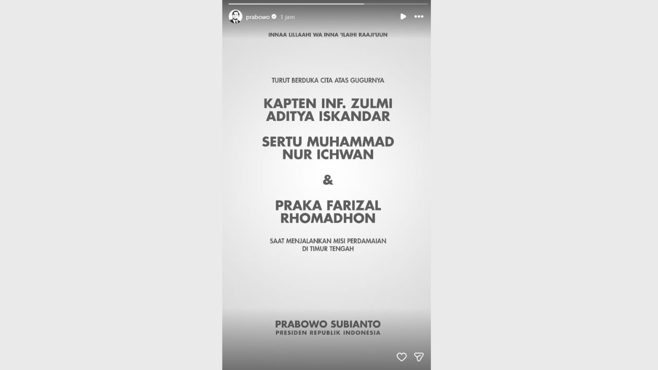 Tiga Prajurit TNI Gugur dalam Misi Perdamaian di Lebanon, Prabowo Sampaikan Duka Cita